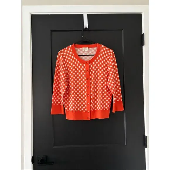 Kate Spade live colorfully Gingham Kati Cardigan Orange Checkered Cotton Size L - Picture 3 of 6